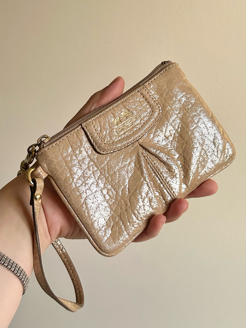 Coach Metallic Beige Leather Wristlet